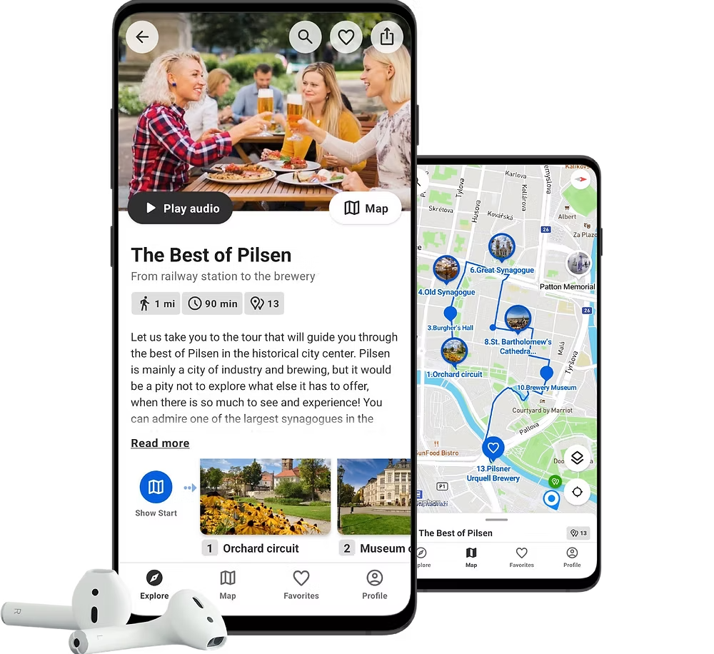 WLKTours® app shown on a smartphone with a sample walking tour stop and route map