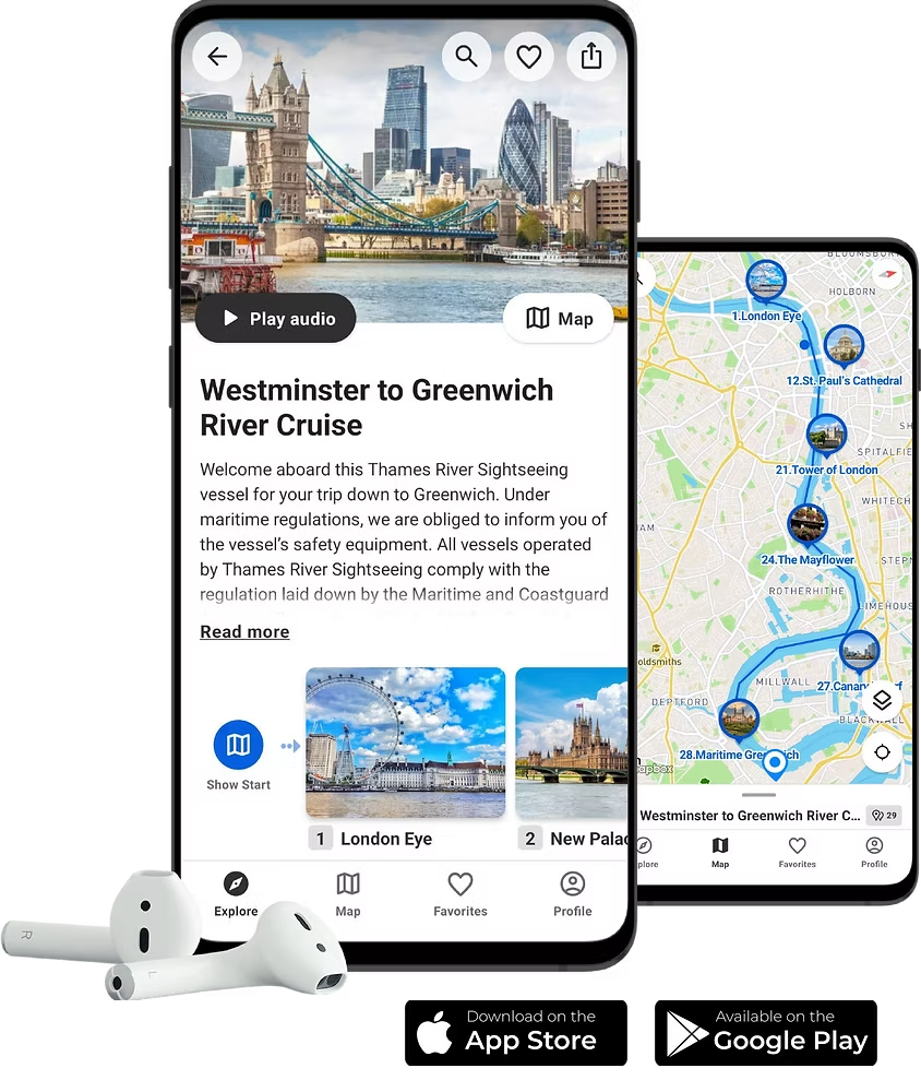 SmartGuide® app shown on a smartphone with a London river cruise tour and route map